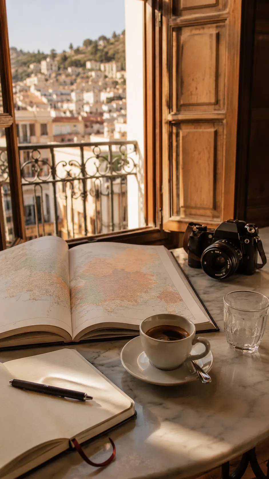 Planning a move to Spain, map and coffee on a Mediterranean balcony